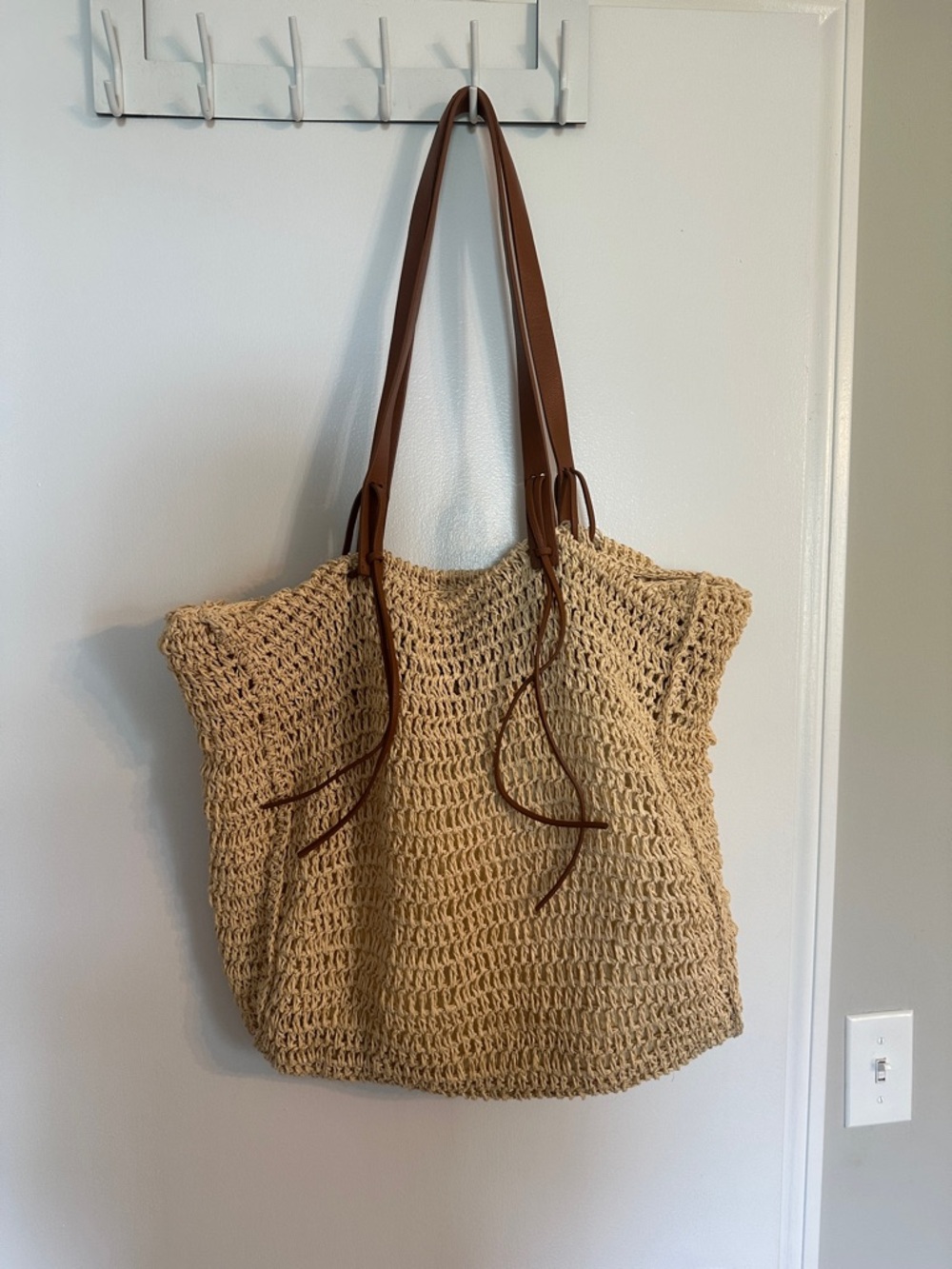 Woven Straw Tote Beach Bag with Brown Leather Handles